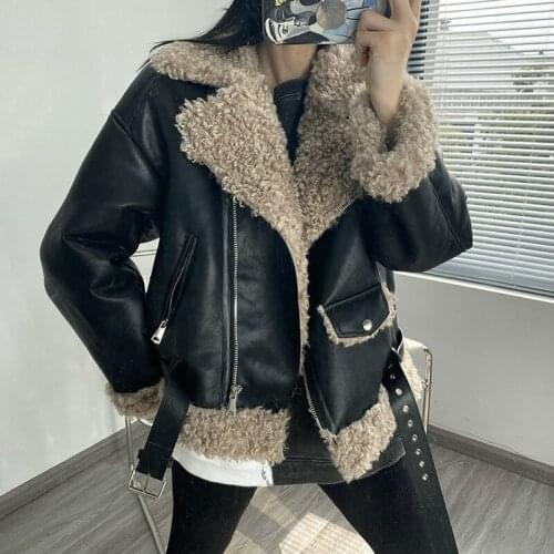 Harajuku Vintage Patchwork PU Artificial Lamb Wool Overcoat Female New Winter OuterWear Jacket Korean Coat Women Faux Fur Coats