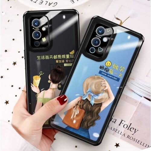 For OnePlus 9 Phone Case Clear Glass Shield Case Tempered Cartoon Bear Hard Back Protection Shell For One Plus 9 Pro Cover