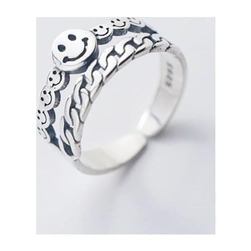 Sole Memory Double-layer Retro Chain Cute Smiley Happy 925 Sterling Silver Female Resizable Opening Rings SRI546