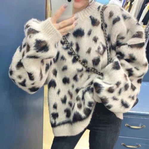 Plus Size WomenS One Piece Knitted Sweater 2020 Winter Round Neck Leopard Print Casual Loose Warm Long-Sleeved Knitted Sweaters