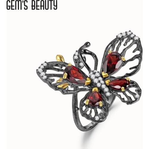 GEMS BEAUTY 925 Sterling Silver Butterfly Rings For Women Natural Pear Cut Garnet Adjustable Open Rings Anniversary Gift