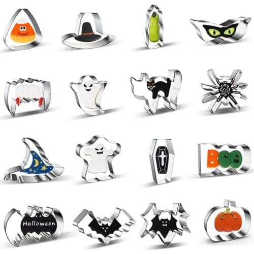 16pcs/set Halloween Party Cookie Cutters Set DIY Fondant Bat Pumpkin Witch Biscuit Moulds Cake Decorating Supplies Tools