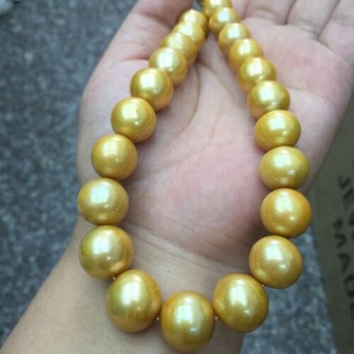 18inch 12-15mm south sea golden pearl necklace 14ks gold clasp silk bag packet