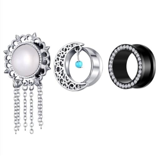 3Pair/Set Stainless Steel Ear Plugs Tunnels Flesh Expansions Piercing Moon Natural Stone Women Men Ears Expanders Body Jewelry