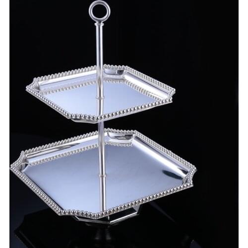 3099 2 layer metal cake stand square plate silver plated dessert pan wedding / home decoration