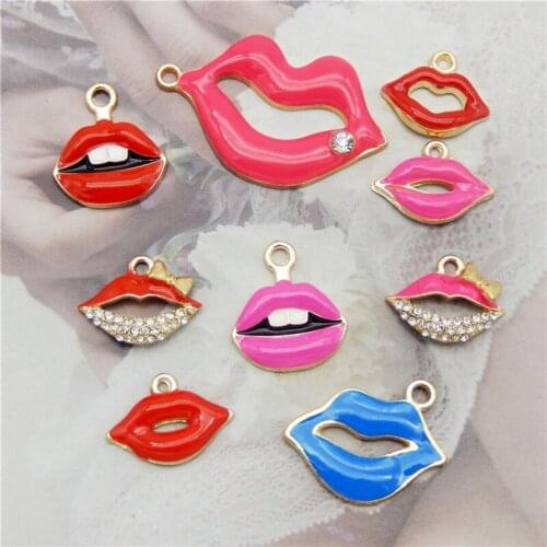 9pcs Mix Enamel Women Lips pendant Charms Necklace Jewelry Making DIY Charms Bracelet Earring keychain Charms with rhinestone