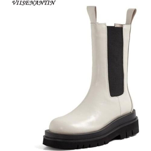 Large Size Leather Platform Thick-Soled Chelsea Boots Women British Style High-Barrel Martin Short Smoke Tube