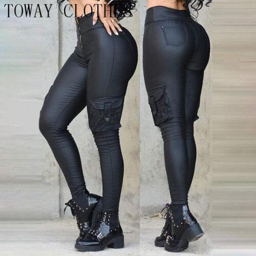 PU Leather Pocket Design High Waist Skinny Cargo Pants 2021 Sports Casual Pants