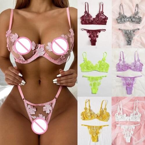 Women Sexy Lingerie Hollow Out Lenceria Transparente Mujer Tempting Lace Flower Embroideried Lingerie Set Bra Thong 2 Piece Set