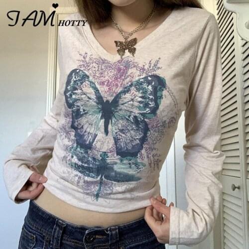 Y2k Butterfly Print T Shirt Women Harajuku Long Sleeve T Shirt Autumn Casual Basic Cropped Top Aesthetic Graphics Shirt Iamhotty