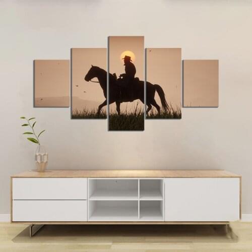 Canvas Painting 5 Panels Western Cowboy Sunset Scenery Decoration Poster HD Picture Home Decoration Frameless Wall Art Murals