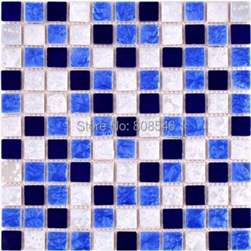 China Polished Porcelain Navy Blue White Ceramic Mosaic tile kitchen backsplash bathroom shower pool floor tile wall sticker