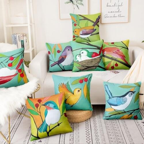 Oil Painted Bird Printed Thin Linen Pillowcase Home Pillow Decoration Almofadas Decorativas Para Sofa Throw Pillow 45*45cm