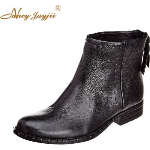 Women Adult Lady Boots Black Solid Ankle Round Toe Zipper Low Square heels Basic Mature Fashion Leisure Concise Nancyjayjii 2019