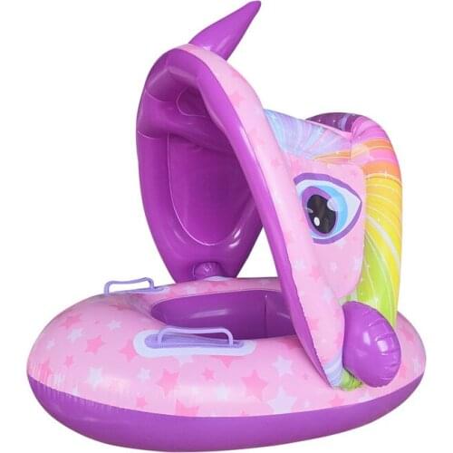 New Kids Swimming Ring Baby Inflatable Float Boat with Safety Armrests Sunshade Awning Unicorn Dinosaur Children Summer Pool Toy