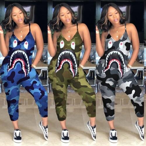 2021 Summer New Style Womens Clothing Fashion Sexy Sports Casual Shark Mouth Printed Sling Jumpsuit