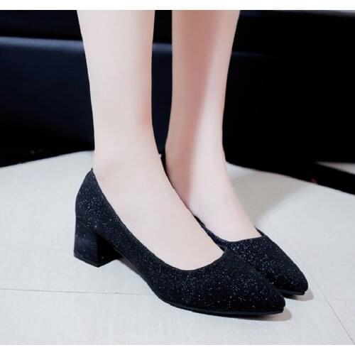 2021 spring and autumn new womens high heels fashion gold sequins pointed thick heel shallow mouth all-match single shoes