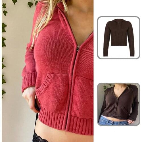 Solid Color Fashion Zipper Closure Women Sweater Cardigan Soft Knitted Coat Hooded for Home