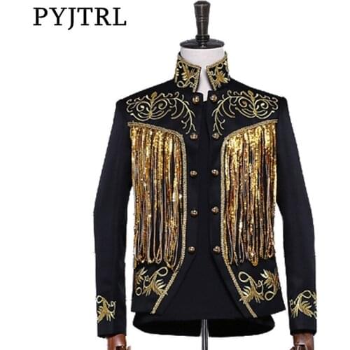 PYJTRL Mens Gold Silver Twinkle Tassel Sequins Embroidery Double Breasted Stage Singer Suit Jacket Men Slim Fit Blazer Designs