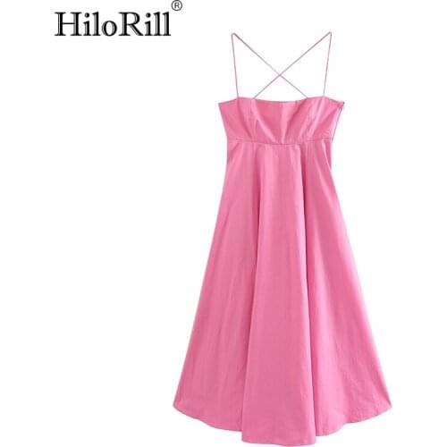 HiloRill Sexy Spaghetti Strap Party Dress Solid Pleated Midi Dress Women Backless Sleeveless Female Holiday Beach Dress Vestido