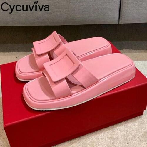 Summer 2021 Square Buckle Mules Women Shoes Slip On Square Toe Slippers Ladies Shoes Casual Flat Slides Outwear Sandals Female