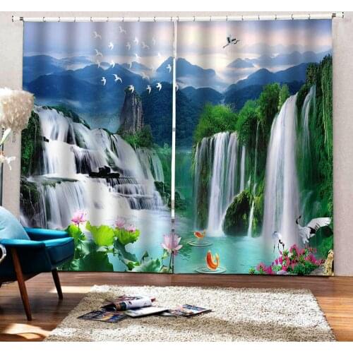 Green landscape waterfall curtains Customized size Luxury Blackout 3D Window Curtains For Living Room