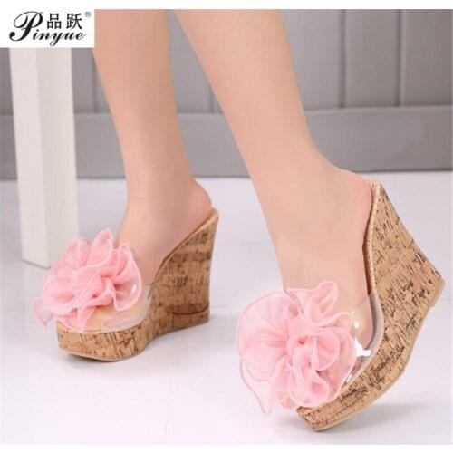 Summer Womens Slides New Style Cute Flower Bling Bling Wedge Heel Shoes Peep Toe for Woman