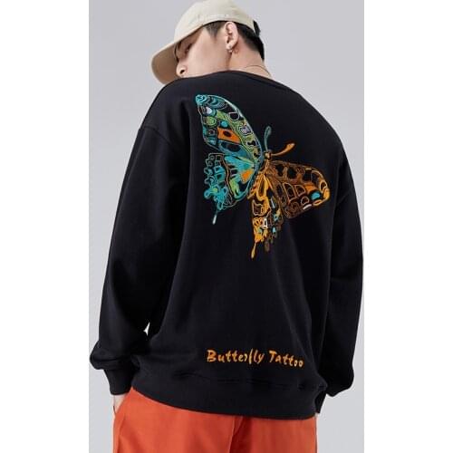 Embroidery Butterfly Sweatshirts Streetwear Unisex Hip Hop Harajuku Fashion Hipster Thick Fleece Pullover Hoodies Tops Coats Men