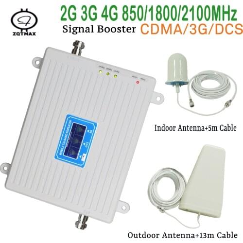 ZQTMAX gsm mobile signal booster 2g 3g 4g repeater with Ceiling antenna lte data amplifier 850 1800 2100 Tri Band + antenna sets
