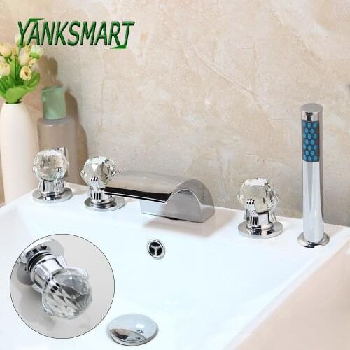 YANKSMART Chrome Polished Solid Brass Bathroom Bathtub Faucet 5 Pcs Sets Waterfall Spout Diamond Handles Deck Mounted Mixer Tap
