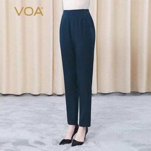 VOA Silk Elastic Heavy Crepe Rear Elastic Waist Pocket Fold Navy Blue Trousers KE363 Solid Color OL Slim Pencil Pants for Women