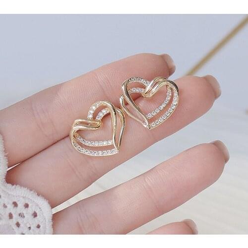 Ins Hot Sale Double Layers Hollow Heart Women Earring Fashion Design Inlaid Zircon Love Stud Earrings Jewelry Birthday Gfit