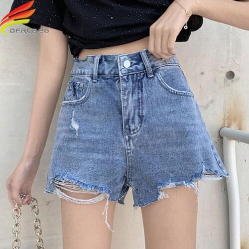 Street Wear Blue Or Black Denim Shorts Women Spring Summer 2020 New Arrivals Ripped Hole Design High Waist Cool Jeans Shorts