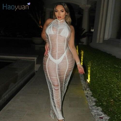 HAOYUAN Knitted Backless Sheer Maxi Dress Beachwear Outfits for Women Sexy Birthday Party Off Shoulder Night Club Long Dresses