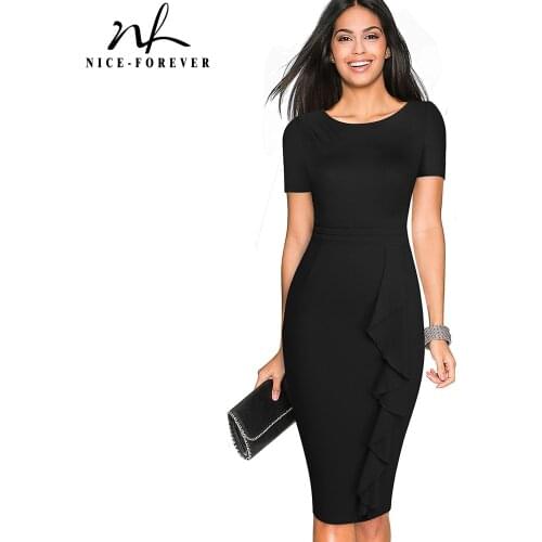 Nice-forever Summer Women Solid Pure Color Vintage Ruffle Dresses Formal Business Party Slim Fitted Dress btyB588