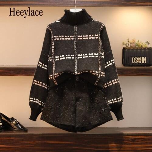 Plus Size Sets Winter Thick Warm Two Pieces Set Korean Casual Turtleneck Long Sleeve Knitted Sweater And Tweed Shorts Sets 4XL