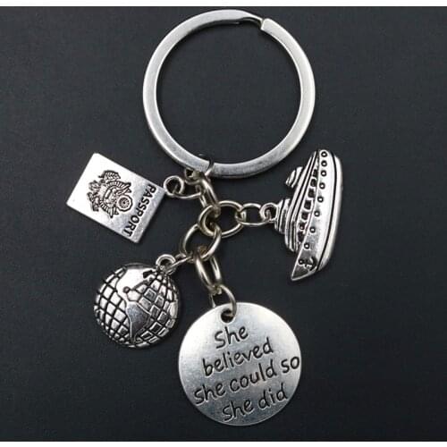 1pc Silver Plated She Believe He Could So he Did Charm Cruise Ship & Passport & Map Keychain DIY Metal Couple Key
