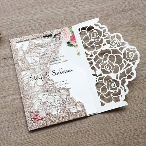 100pcs Laser Cut Hollow Rose Glitter Wedding Invitations European Style Greeting Cards with Envelope for Quinceanera, Customized