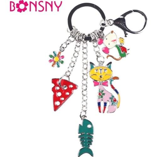 Bonsny Enamel Alloy Mouse Cat Marvel Key Chain Keychains Ring Novelty Animal Jewelry For Women Girls Bag Car Charms Gift Pendant