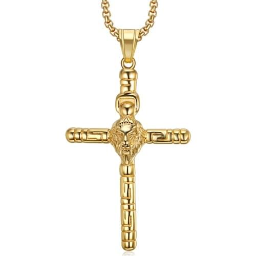 HIP Hop Gold Color 316L Stainless Steel Bling Iced Out Rope Chain Lion Head Cross Pendants & Necklaces for Men Jewelry