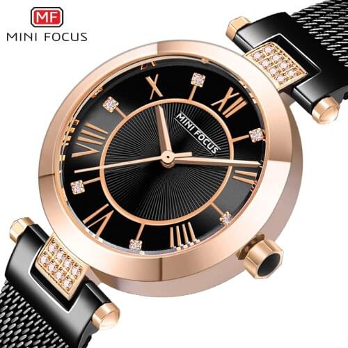 MINI FOCUS New Fashion Casual Quartz Women Watch Ultra Thin Mesh Strap Crystal Roman Numeral Simple Dial Women Clock WristWatch