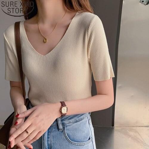 Fashion V-Neck Solid Ice Silk Shirts Short Sleeve Knitted Shirt Women Summer Blouse 2021 New Casual Woman Tops Clothes 13436