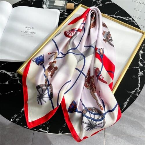 2021 Summer New Square Silk Scarf Foulard Neckerchief Women Bandana Hair Scarves Design Print Neckerchief Female Bag Tie