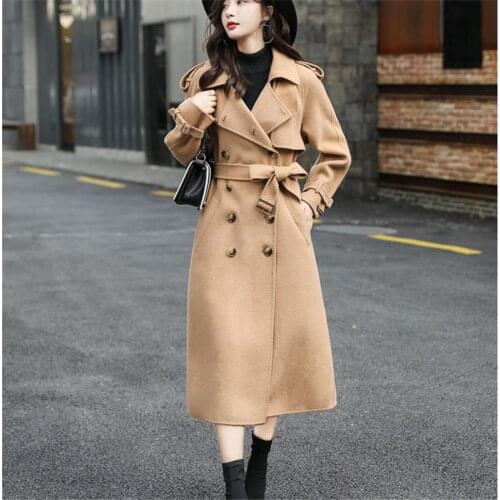 Slim Winter Wool Women Long Coat Woolen Office Lady Turn-Down Collar Overcoat Outerwear
