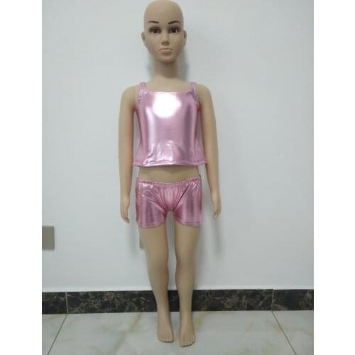Girls Sexy Costume Top + shorts Two Pieces Shiny Metallic Zentai Catsuit Unitard Halloween Party Leotard for kids women