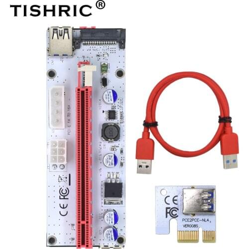 TISHRIC 10pcs VER008S Molex 4Pin SATA 6PIN PCIE PCI-E PCI Express Riser Card 008s Adapter 1X to 16X USB3.0 Extender Mining Miner