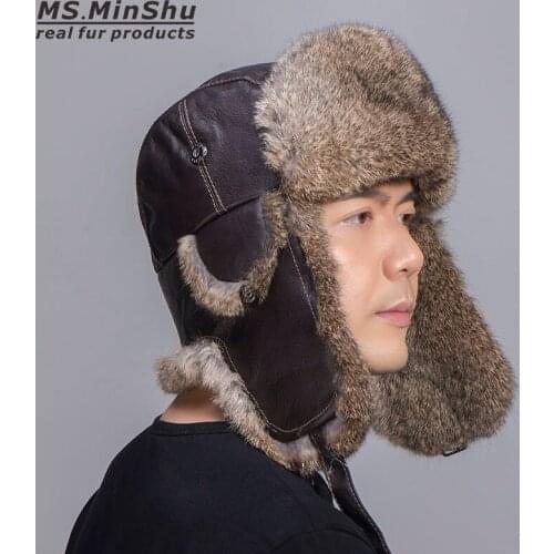 MS.MinShu Russian Rabbit Fur Hat Skiing Cap Natural Rabbit Fur Hat with Real Sheep Leather Genuine Rabbit Fur Bomber Hat