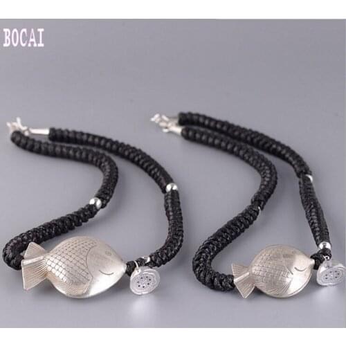 S925 Silver Jewelry Retro-fashionable Womens Style Hand-woven Wax Rope Necklace Carp Lotus Peng Necklace