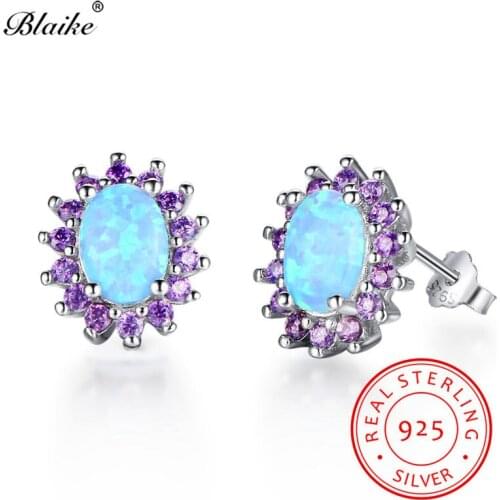 Blaike 100% Real 925 Sterling Silver Oval Blue Fire Opal Stud Earrings 10MM*8MM Purple Zircon Birthstone Earrings Fine Jewelry
