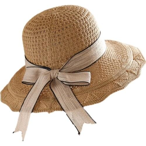 Sun Hats Spring Summer Autumn New Cotton Knit Hat Ladies Sun Hat Korean Version of The Ribbon Basin Hat Foldable Beach Hat